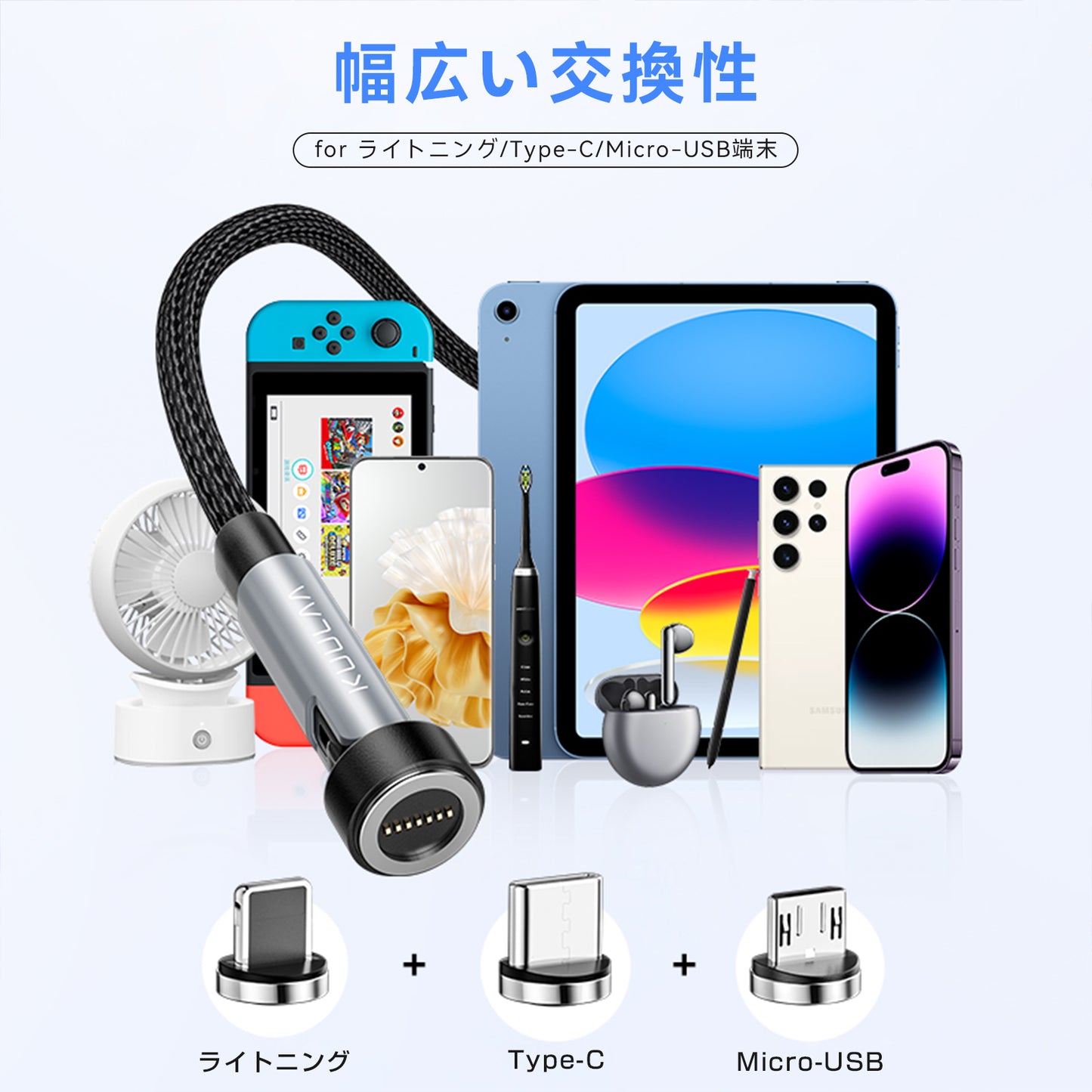 マグネット 6in1 充電コード 540度回転 7ピン 3A急速充電 データ通信 磁石 ライトニング Type-C iPhone 充電器 充電ケーブル 片手操作 Android