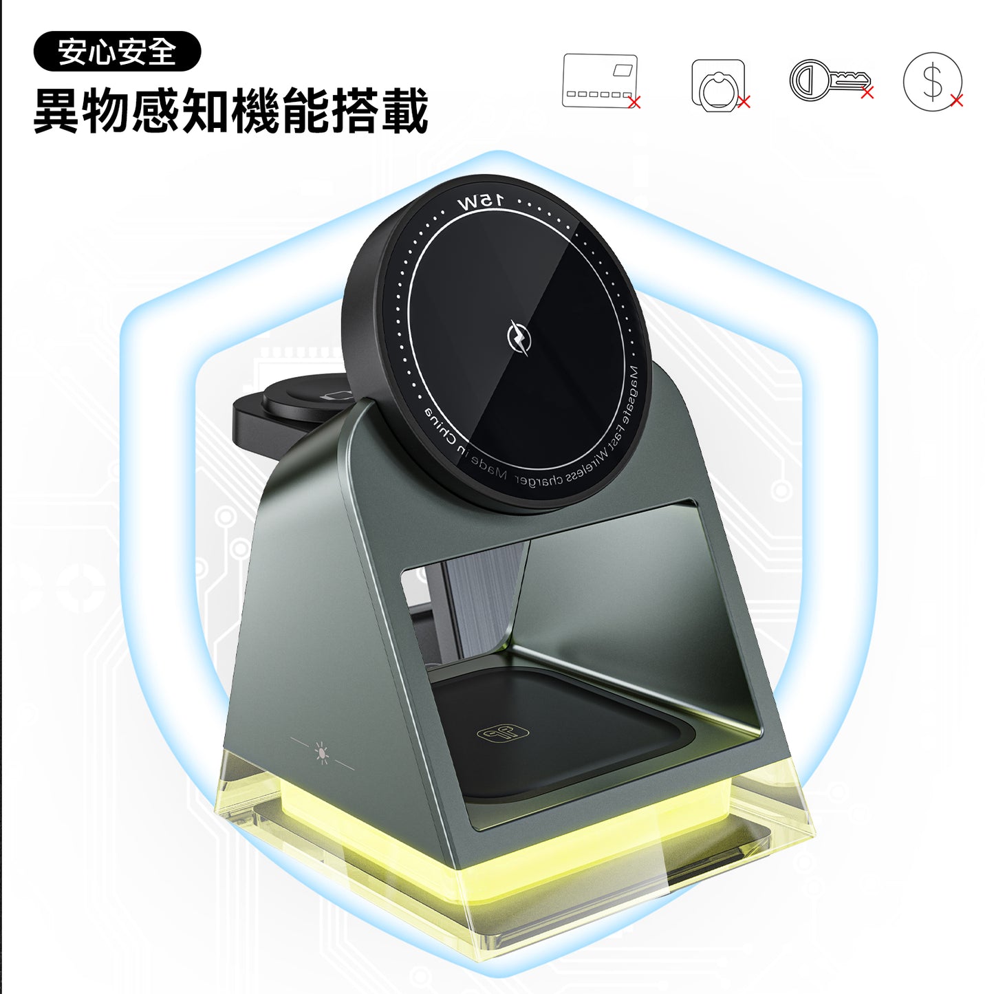 MagSafe充電器 スマホスタンド ベッドサイドランプ 3台同時 iPhone 16 15 14 13 12 Airpods pro iWatch 急速 高速 無線 チャージャー 置くだけ 15W