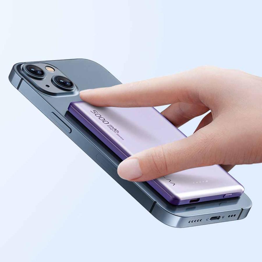 MagOn 5000mAh Magsafe対応 モバイルバッテリー 軽量 8.6MM薄型 マグネット式ワイヤレス充電 PD20W USB-c出力 ワイヤレス出力/USB-Cポート入出力/LED残量表示