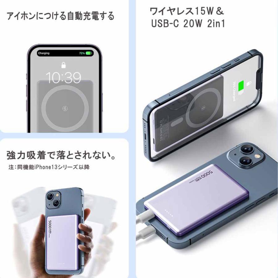 MagOn 5000mAh Magsafe対応 モバイルバッテリー 軽量 8.6MM薄型 マグネット式ワイヤレス充電 PD20W USB-c出力 ワイヤレス出力/USB-Cポート入出力/LED残量表示