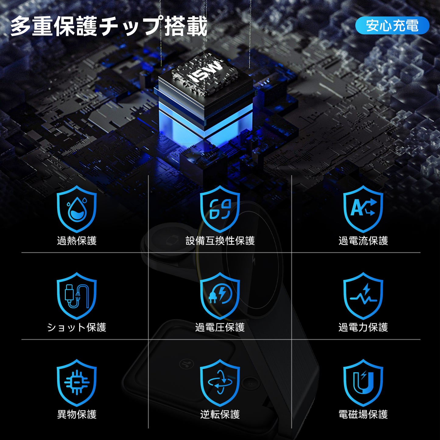 MagSafe ワイヤレス充電器 マグネット式 QI 充電 スマホスタンド 折りたたみ 2台同時 iPhone15 14 13 12 Airpods pro iWatch 急速 高速 無線 チャージャー 15W
