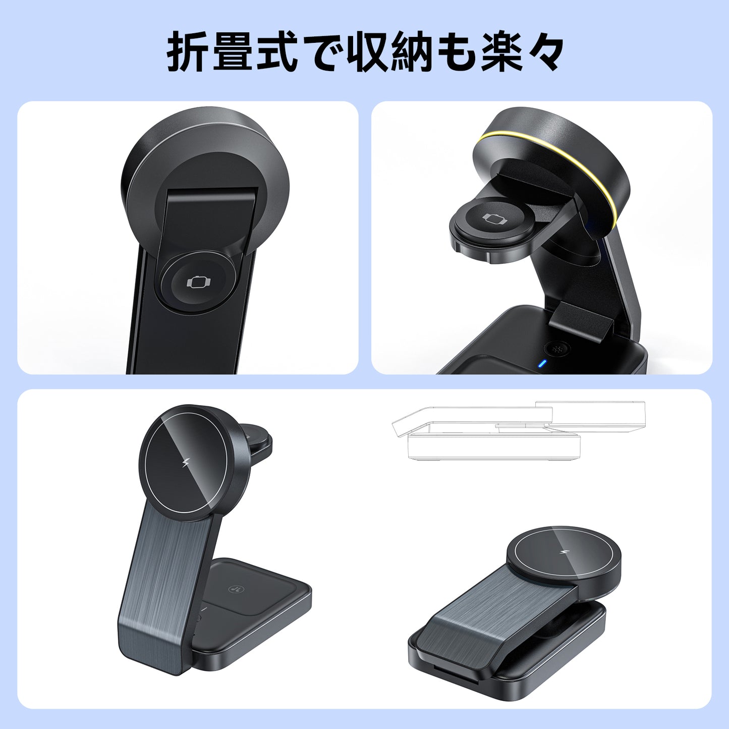 MagSafe ワイヤレス充電器 マグネット式 QI 充電 スマホスタンド 折りたたみ 2台同時 iPhone15 14 13 12 Airpods pro iWatch 急速 高速 無線 チャージャー 15W
